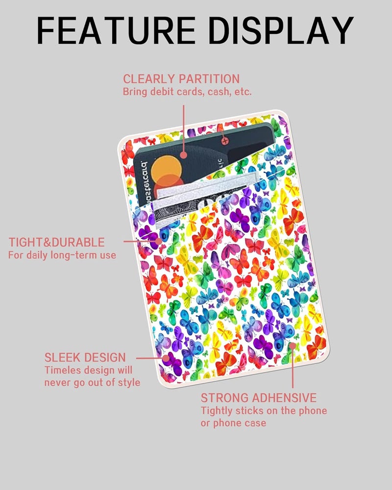 AOHRO Dual Pocket Leather Phone Wallet Adhesive Stick On, Cute Credit Card Holder for Case, Compatible with Most Phones - Cute Colorful Butterfly - Image 5